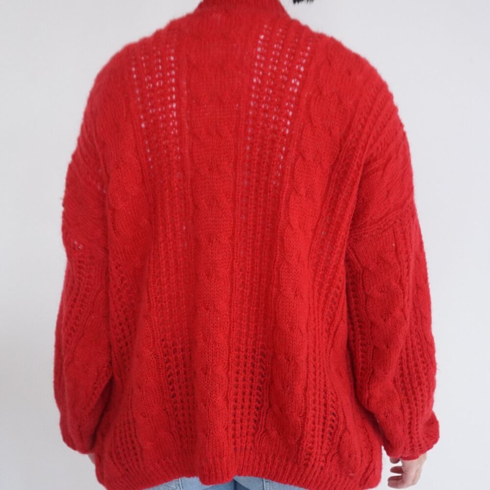 Red Cable Knit Button-Front Cardigan Sweater - Picture 3 of 10